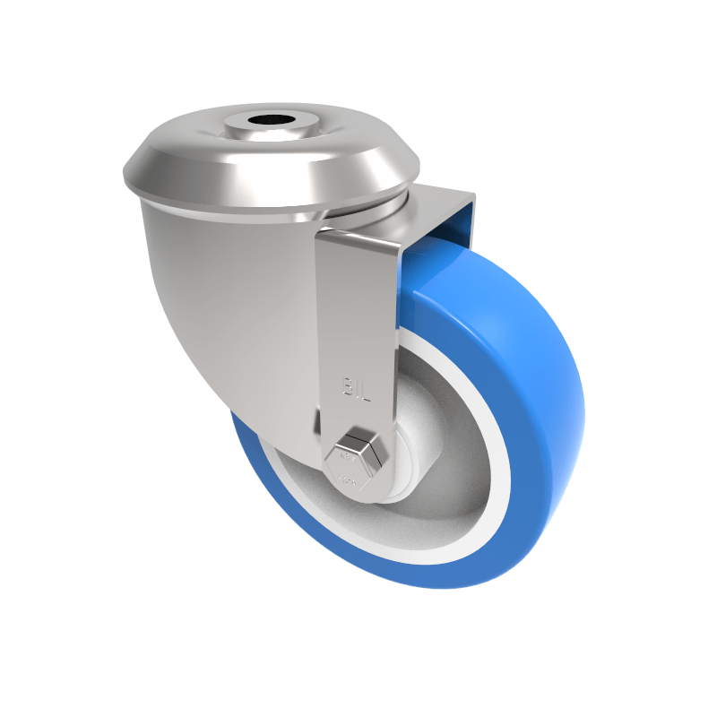 Soft Blue Polyurethane Nylon Bolt Hole Swivel Castor 125mm 200kg Load