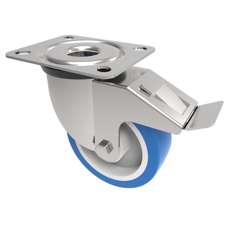 Soft Blue Polyurethane Nylon Plate Swivel Castor Brake 100mm 250kg Load