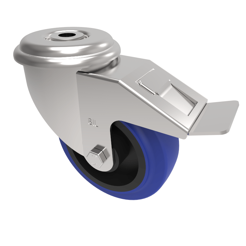 Blue Elastic Rubber 75ShoreA Bolt Hole Swivel Castor Brake 100mm 160kg