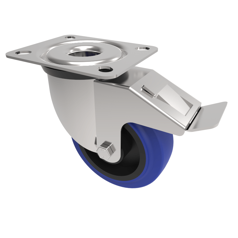 Blue Elastic Rubber 75ShoreA Plate Swivel Castor Brake 100mm 250kg Load