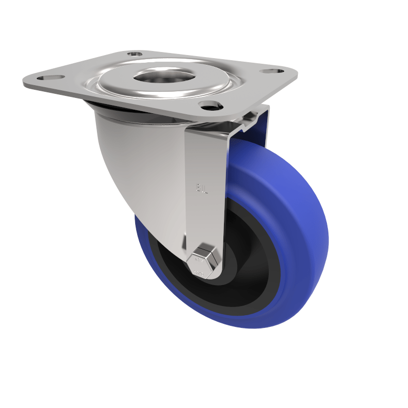 Blue Elastic Rubber 75ShoreA Plate Swivel Castor 125mm 250kg Load