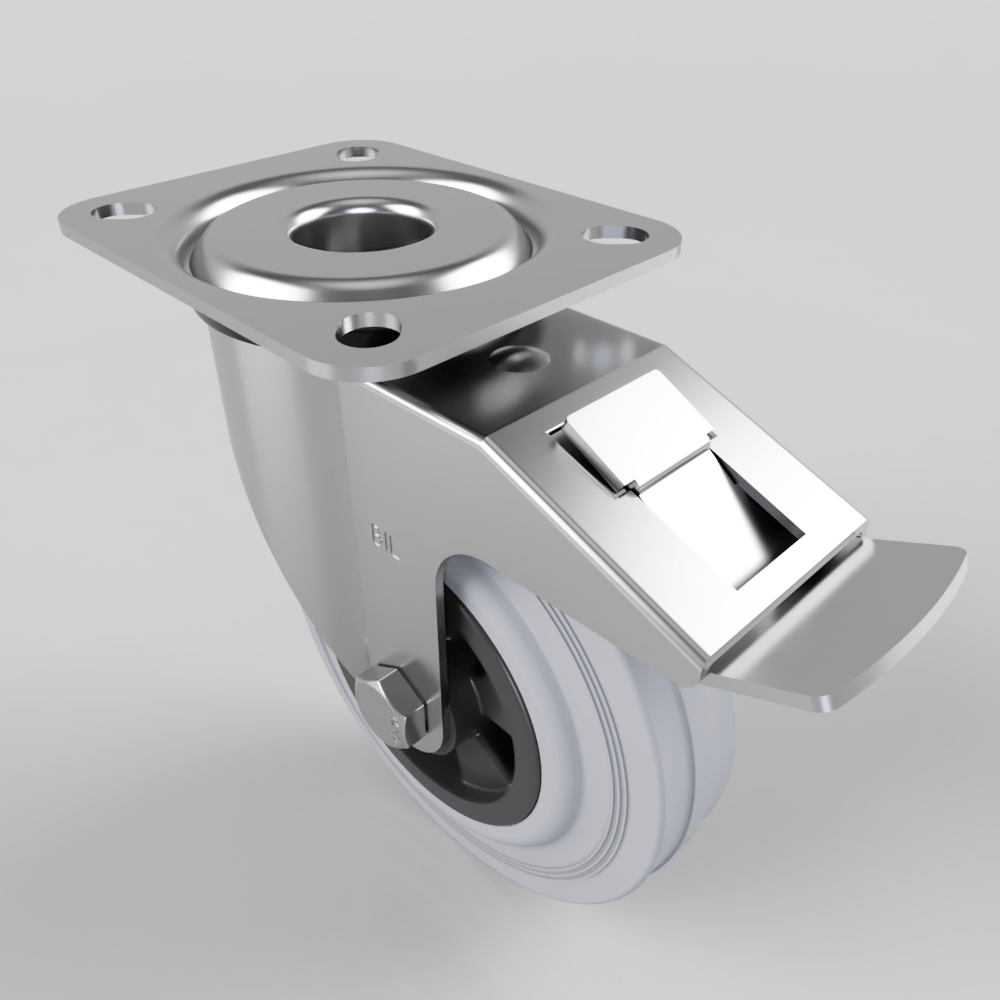 Grey Rubber Polypropylene Plate Swivel Castor Brake 125mm 90kg Load