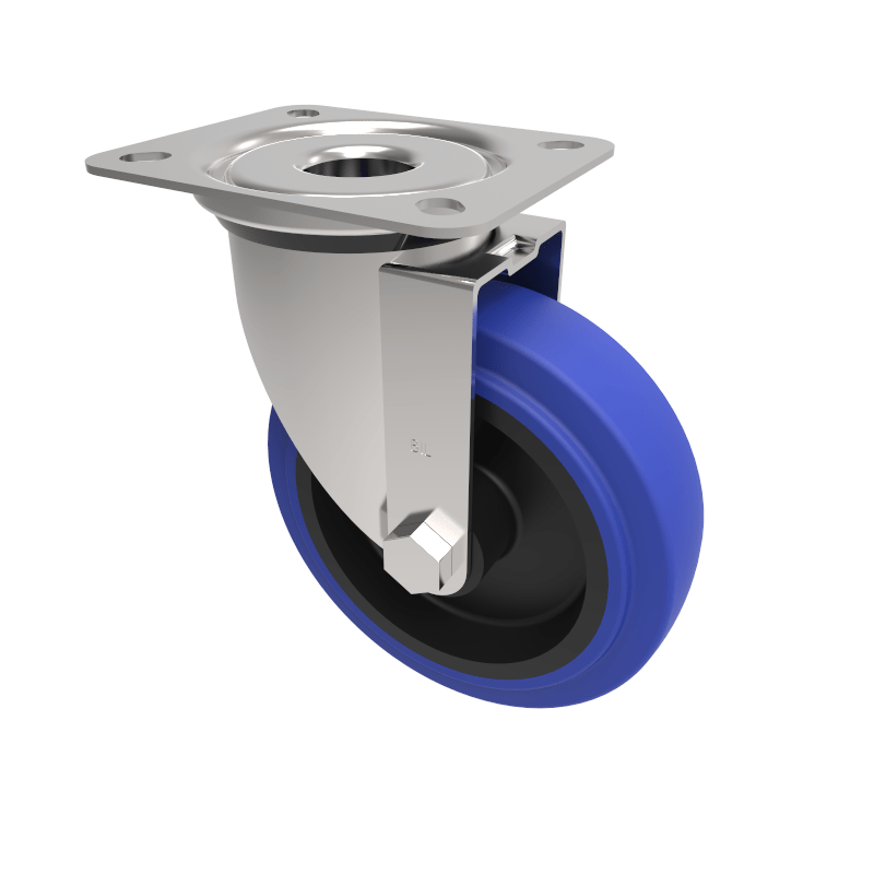 Blue Elastic Rubber 75ShoreA Plate Swivel Castor 125mm 200kg Load