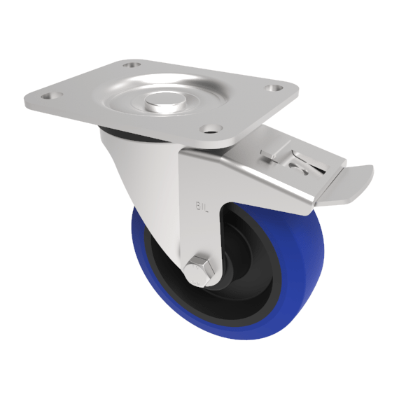 Blue Elastic Rubber 75ShoreA Plate Swivel Castor Brake 125mm 250kg Load