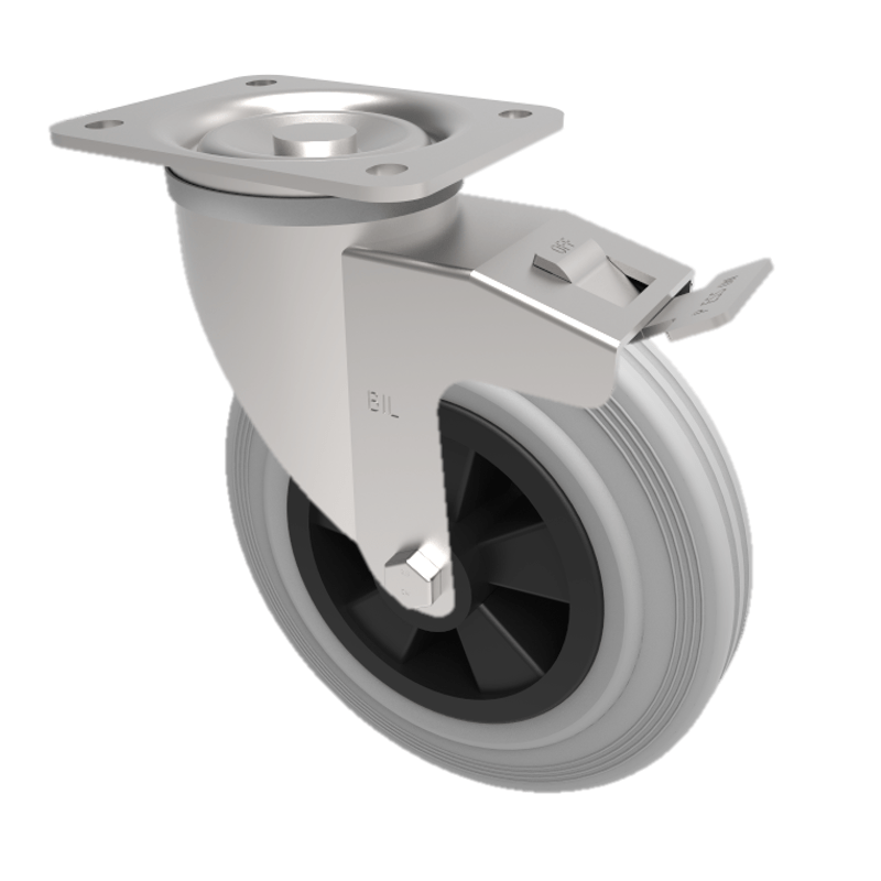 Grey Rubber Polypropylene Plate Swivel Castor Brake 200mm 205kg Load