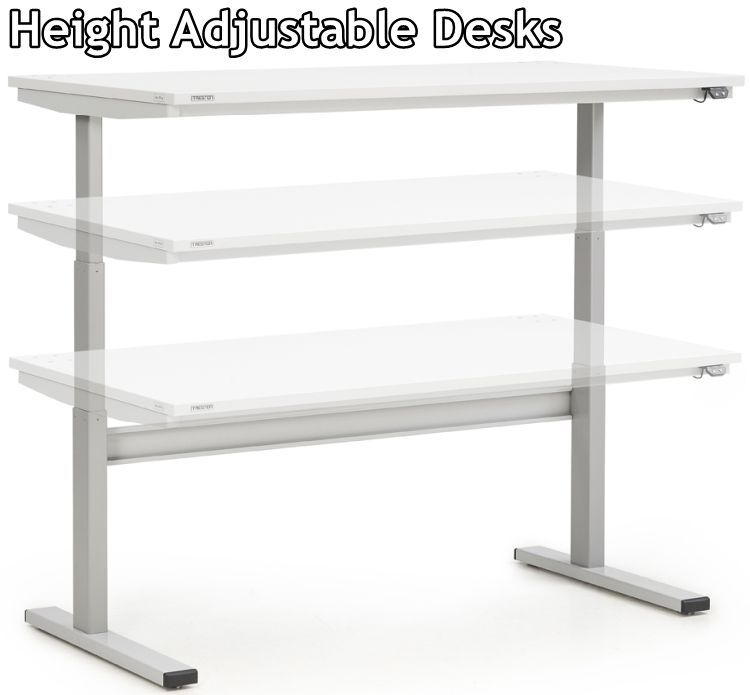 height adjustable desk shown at three stages