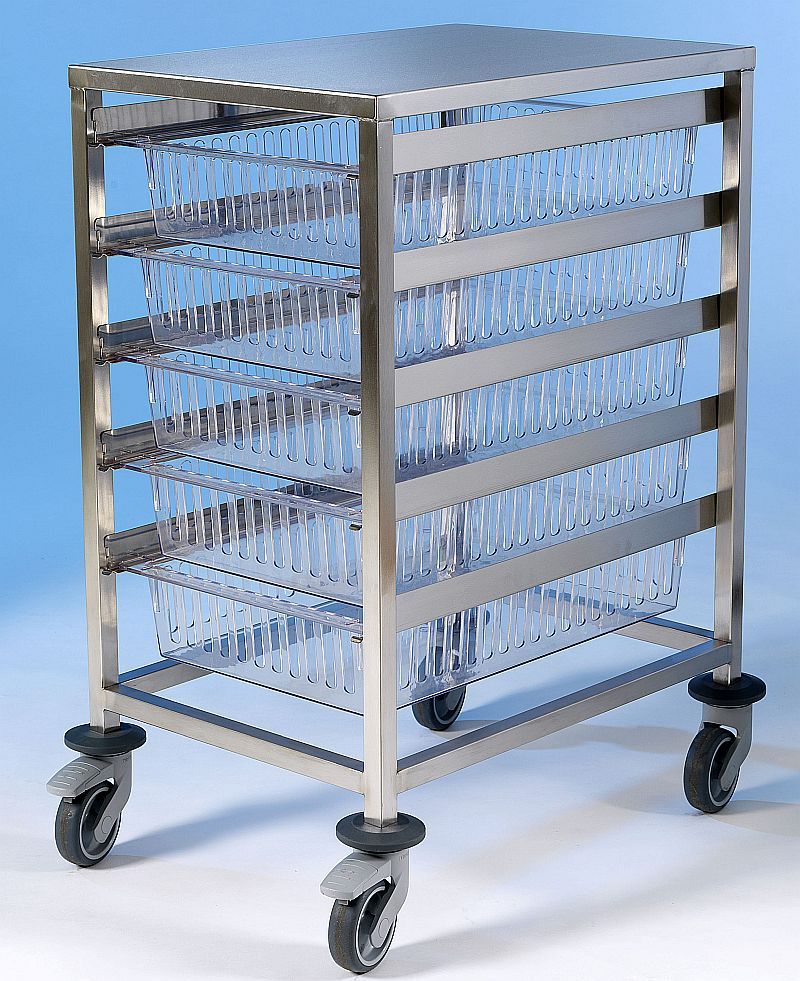 ss htm trolley with 5 x trays and flat top