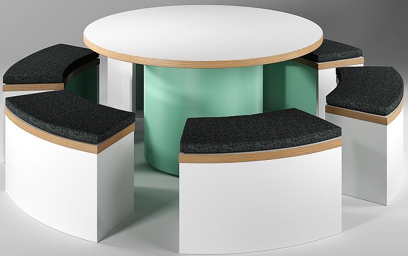 jive circular canteen table and 6 segment upholstered bench seats