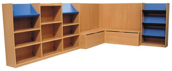 wooden library shelving corner combination