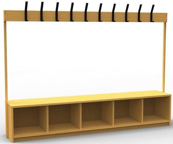 wooden cloakroom bench with 10 large hooks