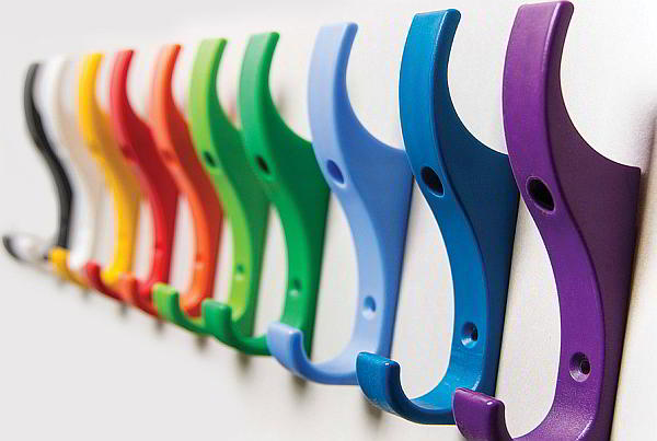 row of unbreakable plastic coat hooks in various colours 600px