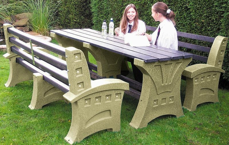 large sandstone bench and table