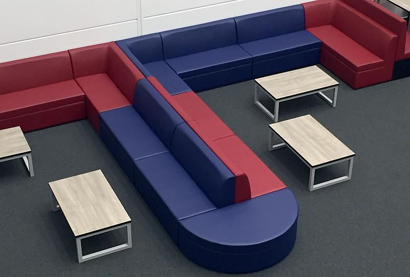 jade soft seating in blue and red vinyl